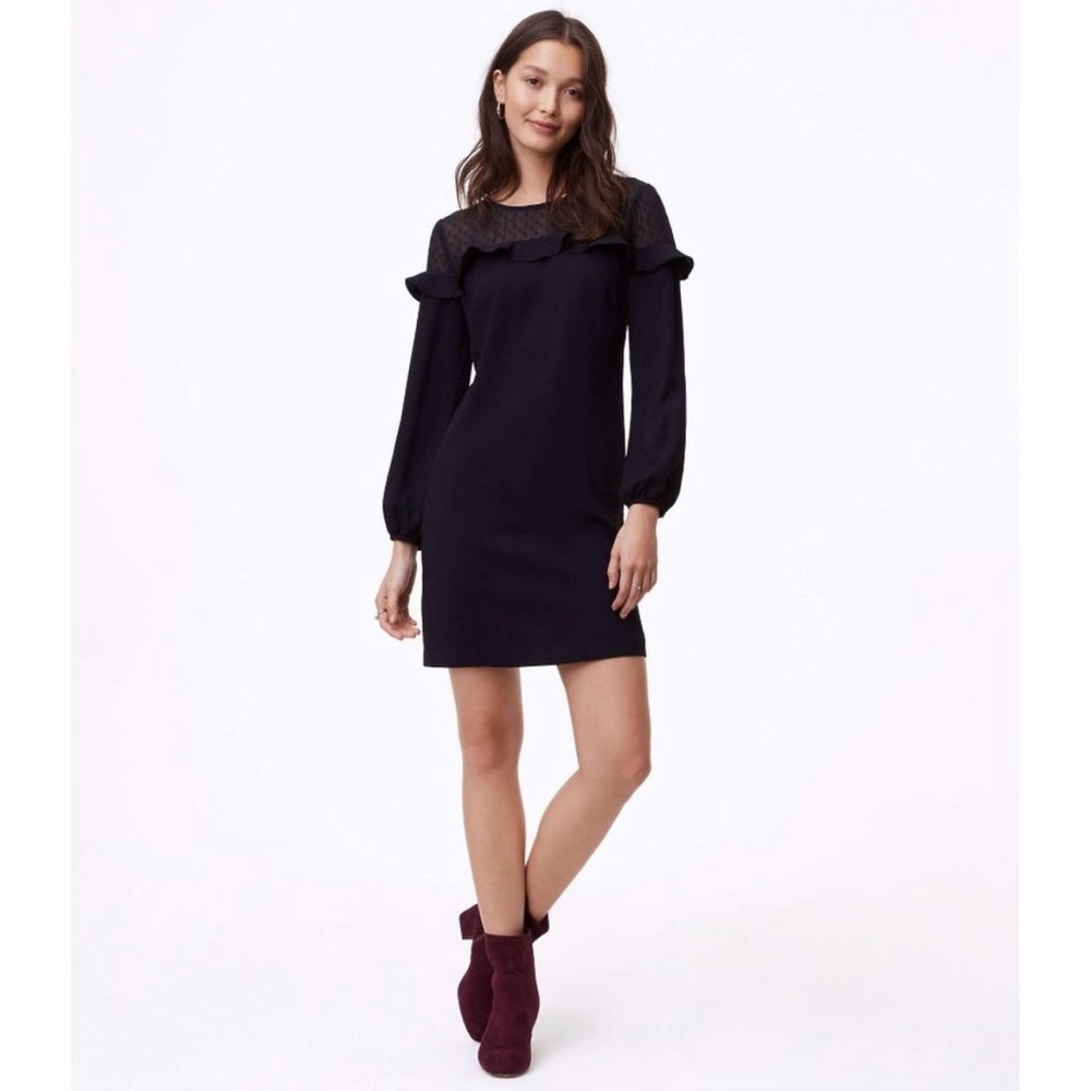 LOFT Black Sheer Dot Yoke Shift Dress, Size 8